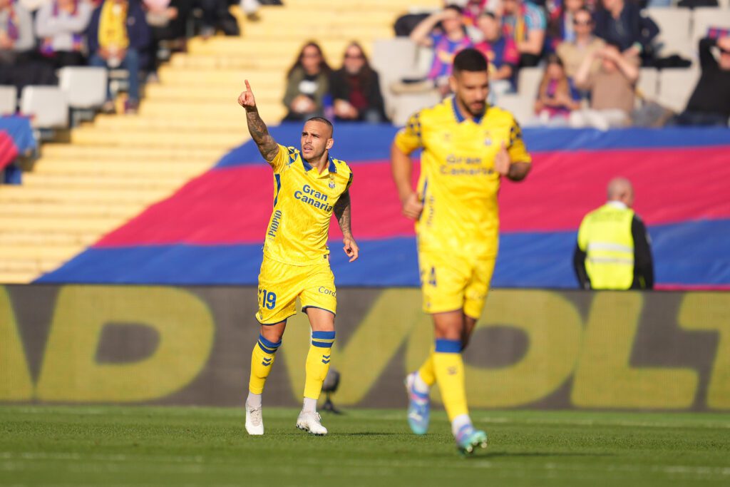 Sandro Ramírez celebra su gol en el Barcelona Las Palmas
