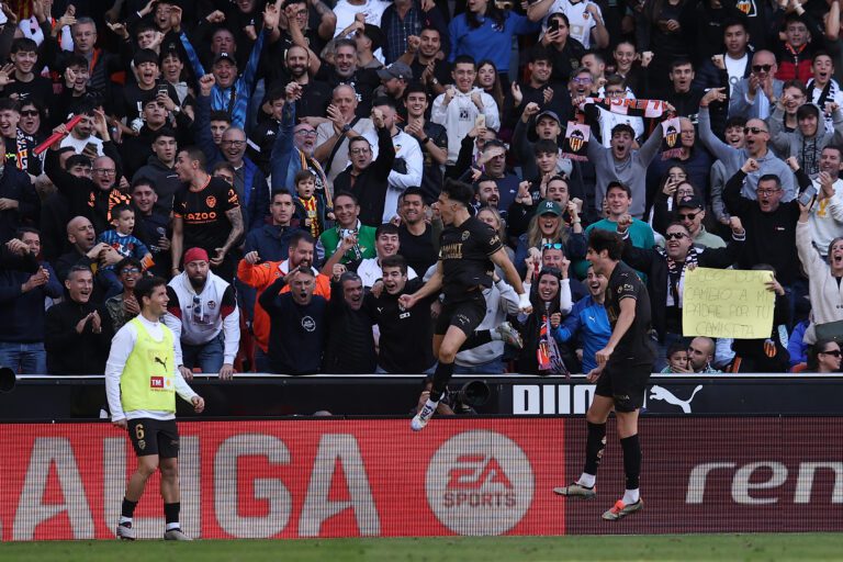 N - NOVEMBER 23: Diego Lopez of Valencia CF celebrates scoring his team's fourth goal during the LaLiga match between Valencia CF and Real Betis Balompie